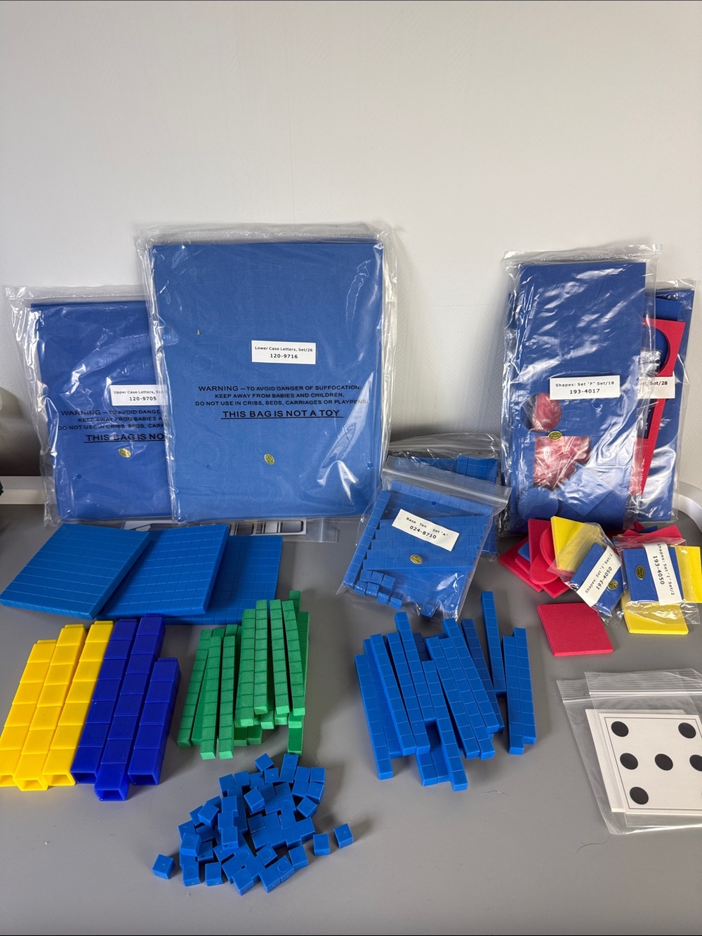 Blue, Green, Yellow Base Ten Math Manipulatives Set & Upper and Lower Letters
